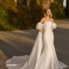 Vestido de novia Florens de Luna Novias con escote palabra de honor, cuerpo corsé y mangas abullonadas