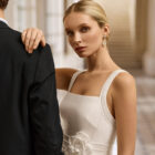 Vestido de novia Aire Barcelona 2027 de mikado con escote cuadrado, tirantes anchos, falda línea A con abertura delantera y detalle floral en la cintura.frente