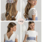 Vestido de comunión de niña Carmy 7120 con fajín azul empolvado y falda de tul de topos