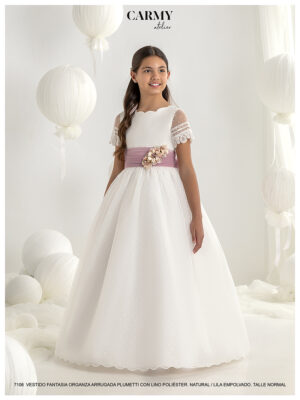 Espalda del vestido de comunión Carmy 7106 con gran lazada lila empolvado